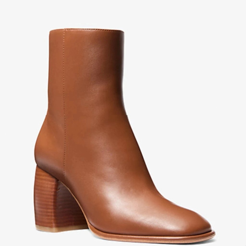 Michael Kors Maude Block Heel Booties Luggage 5.5m Genuine Leather Msrp $195